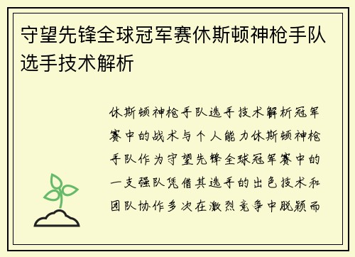 守望先锋全球冠军赛休斯顿神枪手队选手技术解析