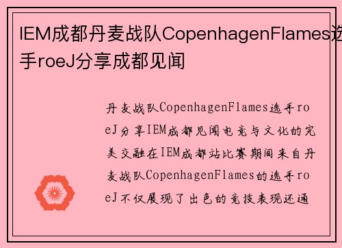 IEM成都丹麦战队CopenhagenFlames选手roeJ分享成都见闻